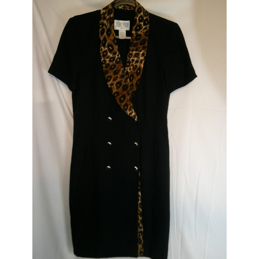 Vintage Julian Taylor Black Leopard Print Collar Double Breasted Blazer Dress 8P
